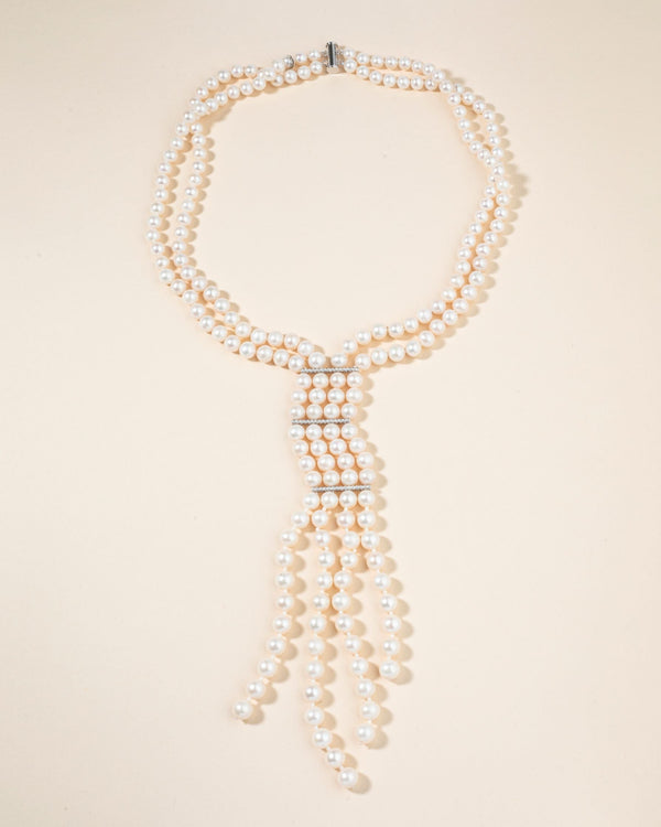 Double Strand Pearl Necklace with Crystal