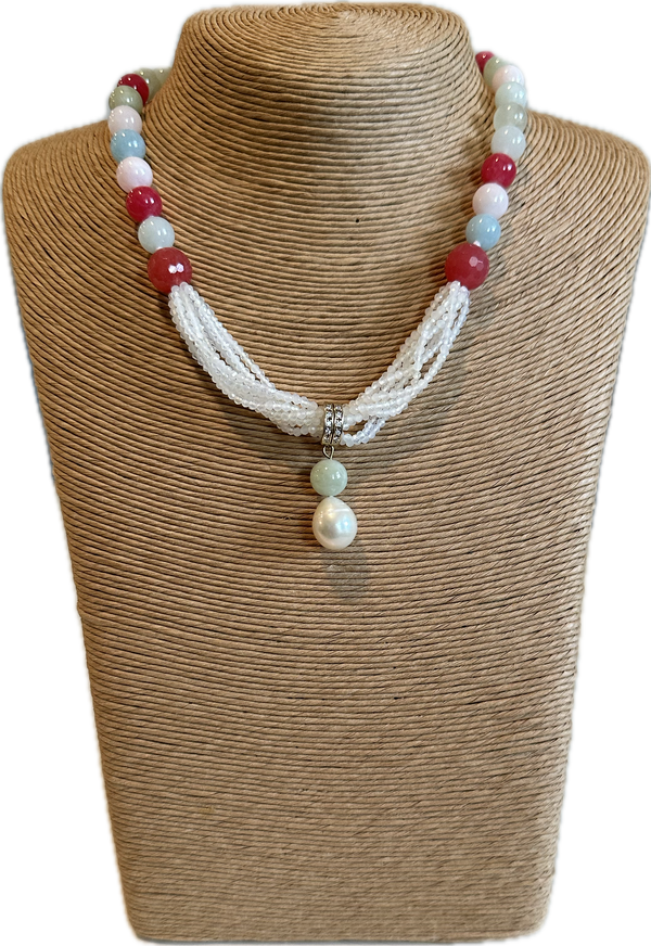 Jade, crystals, and pearl necklace