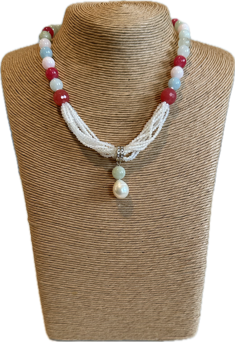 Jade, crystals, and pearl necklace