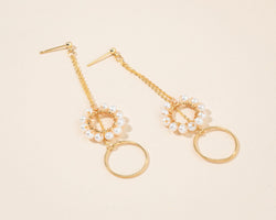 Gold Double Rings Dangle Pearl Earrings