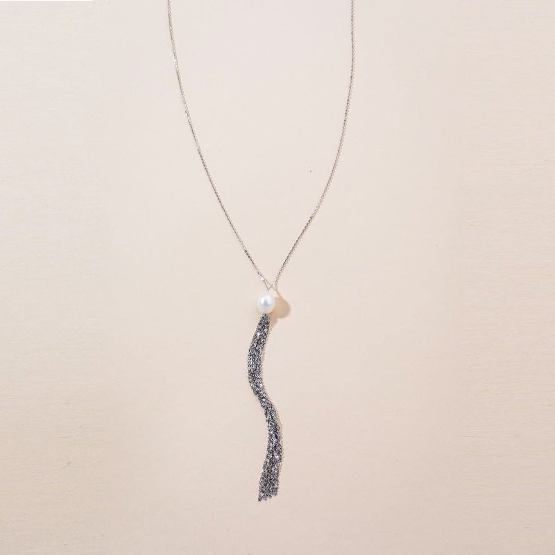 Linton Jewelry Single Pearl Chain Tassel Necklace Sterling Silver