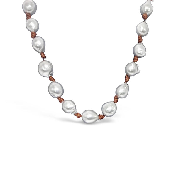 Pearl and leather necklace, silver pearls on leather cord necklace, baroque pearls with leather