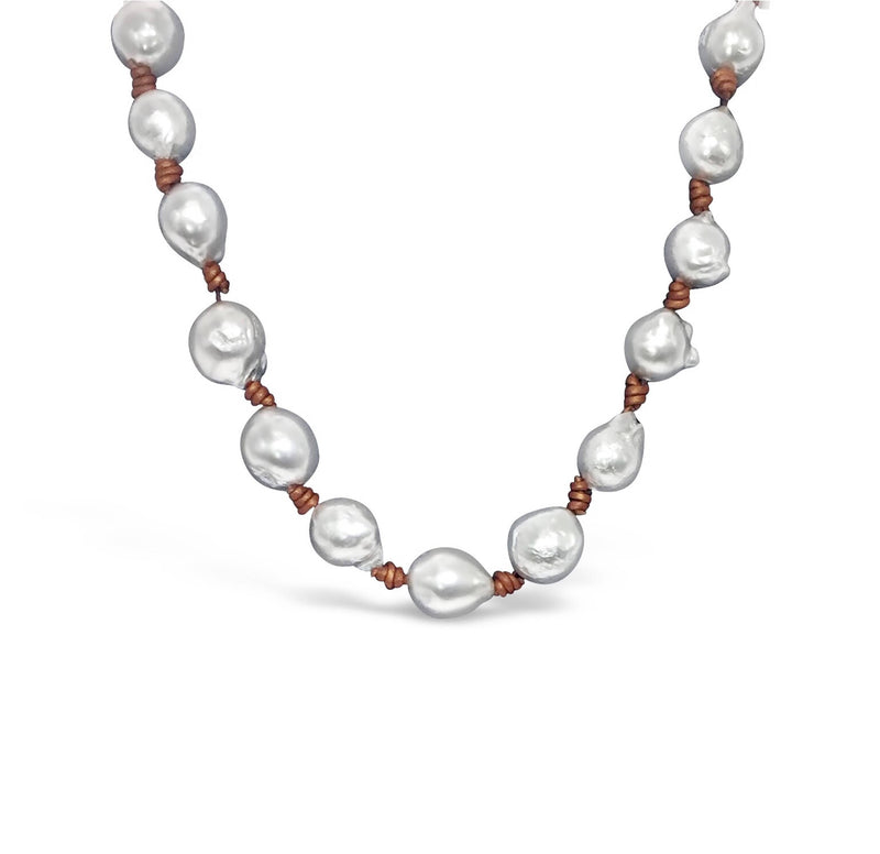 Pearl and leather necklace, silver pearls on leather cord necklace, baroque pearls with leather